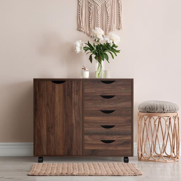5-Drawer Brown Oak Wood 30.7 in. W Storage Dresser Vertical Cabinet with Shelves, Wheels, Makeup-Drawer File Cabinet