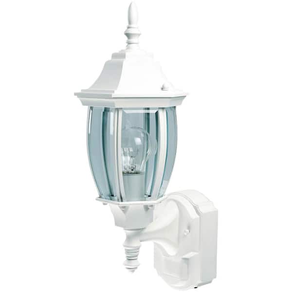 Alexandria 17.3 in. 1-Light Farmhouse Matte White Motion Sensing, Dusk-to-Dawn, Outdoor Wall Light Lantern Sconce