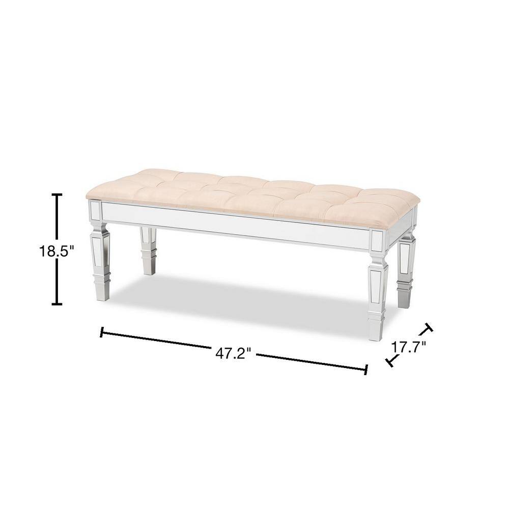 Hedia Silver Finish Mirrored Glass & Beige Velvet Accent Bench
