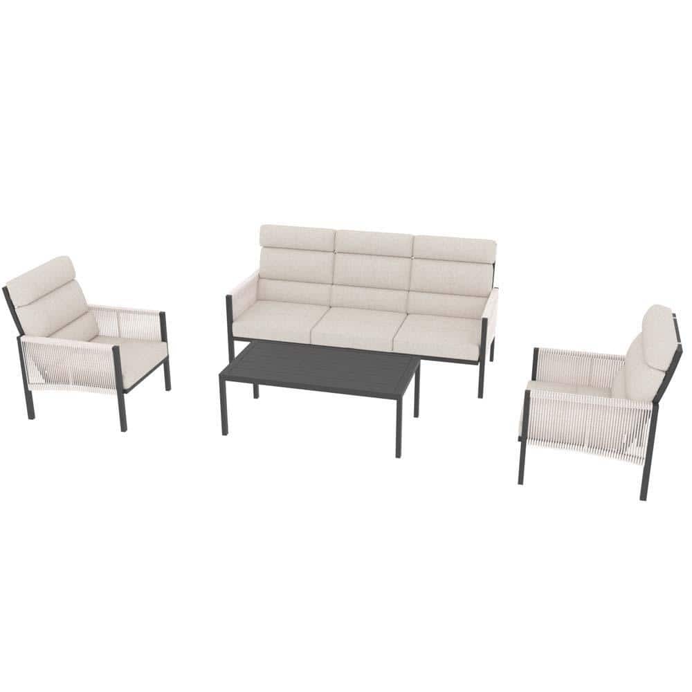 Sudzendf 4-Piece Black Metal Patio Conversation Set with Beige Cushions ...