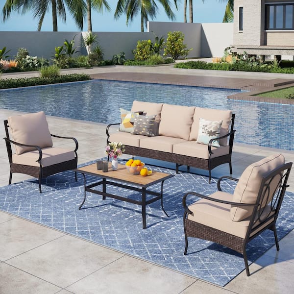 PHI VILLA Dark Brown Rattan 5 Seat 4-Piece Steel Outdoor Patio Conversation Set with Beige Cushions and Table with Wood-Grain Top