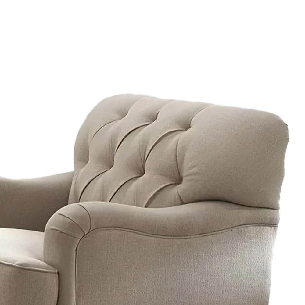 Elegant Beige Leather-Wood Accent Chair with Diamond Tufting