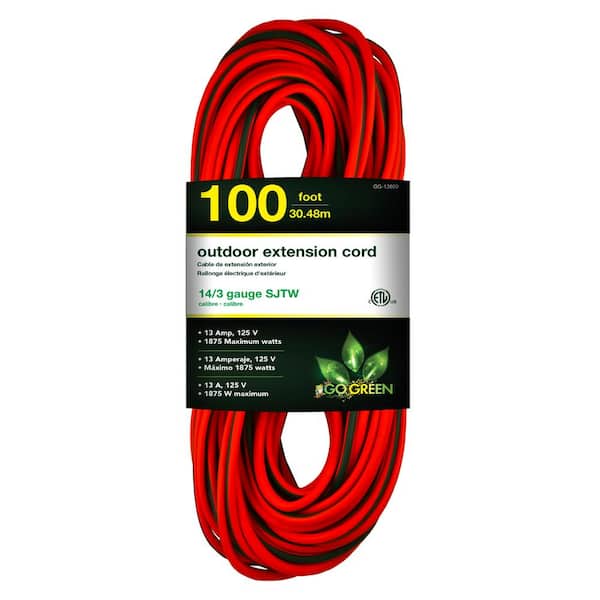 GoGreen Power 100 ft. 14/3 SJTW Outdoor Extension Cord, Orange with Lighted  Green End GG-13800 The Home Depot
