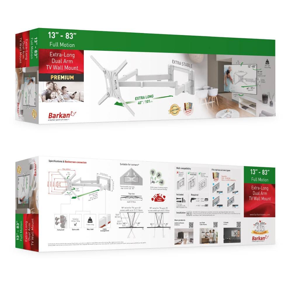 White Extra Long Dual Arm Full Motion TV Wall Mount