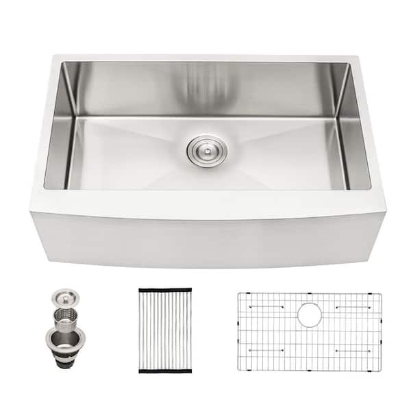 Sarlai 33 in. Farmhouse/Apron Front Single Bowl 16-Gauge Stainless Steel Kitchen Farmer Sink with Bottom Grid