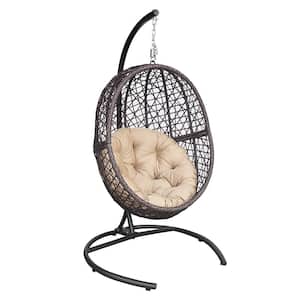 Indoor Outdoor Large Wicker Hanging Egg Chair w/Stand PE Rattan Big Swing Hammock Bird Nest Egg Chairs w/Cushions, khaki