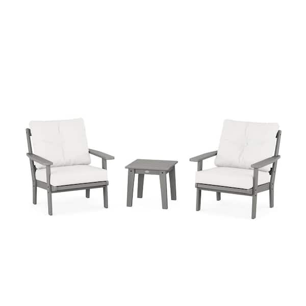 POLYWOOD Oxford 3-Pcs Plastic Patio Conversation Set in Slate Grey/Natural Linen Cushions