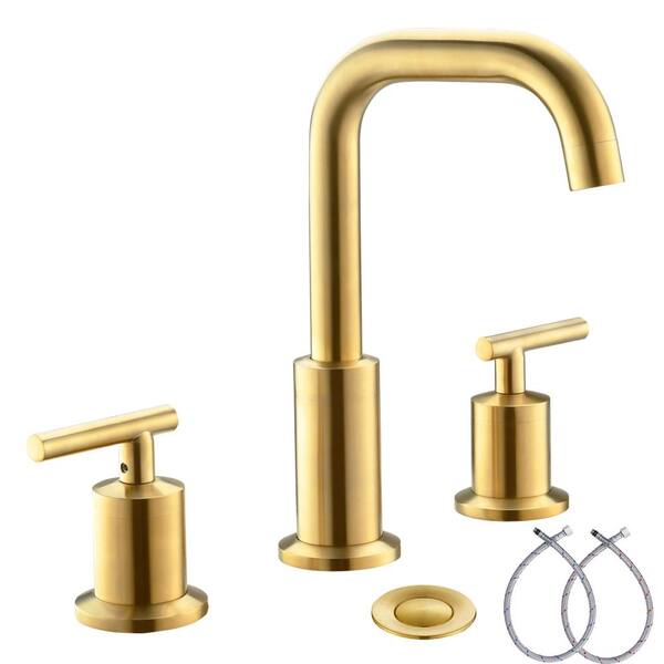Phiestina 8 in. Widespread Double-Handle Bathroom Faucet with Valve and Metal Pop-Up Kit in Brushed Gold
