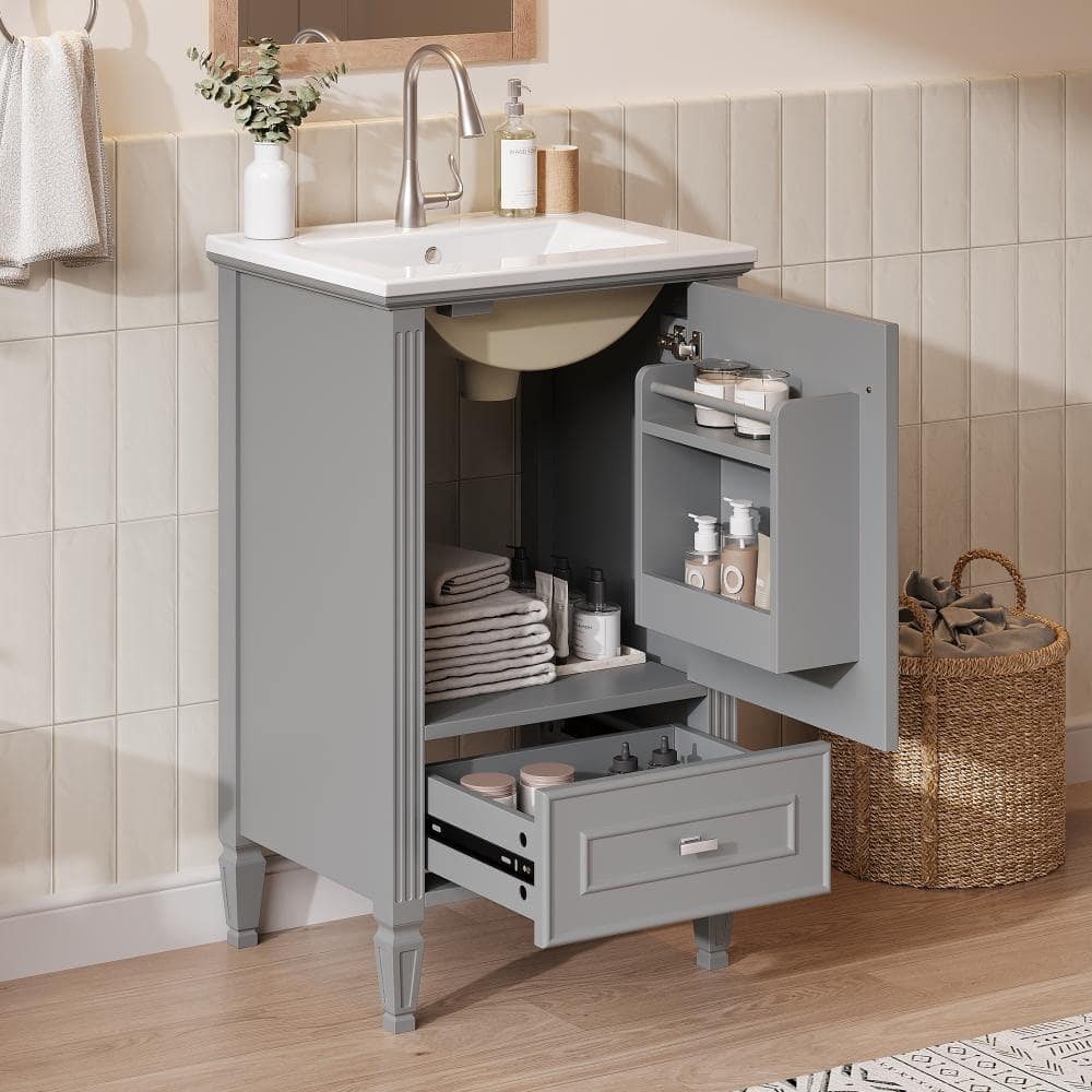 "20"" Grey Ceramic Vanity Sink, Wood Legs, Soft-Close Drawers & Doors, Rack" price history on PriceWatchPro