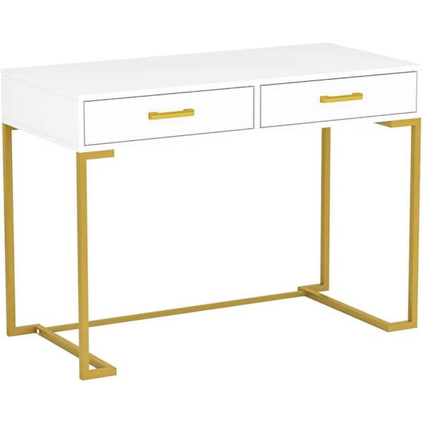 BYBLIGHT Moronia 39.37 in. Rectangle White Wood Computer Desk, Modern Study Table Writing Desk with 2-Drawer & Gold Metal Frame
