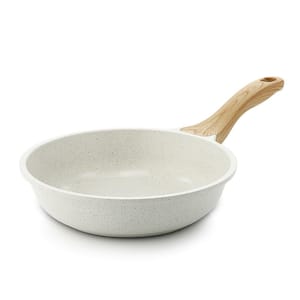 8 in. Cast Aluminum Nonstick Ceramic Coating Frying Pan in White with Comfortable Bakelite Handle in Wood Grain Design