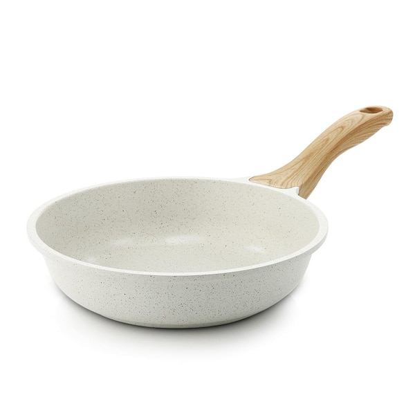 Adrinfly 8 in. Cast Aluminum Nonstick Ceramic Coating Frying Pan in White with Comfortable Bakelite Handle in Wood Grain Design
