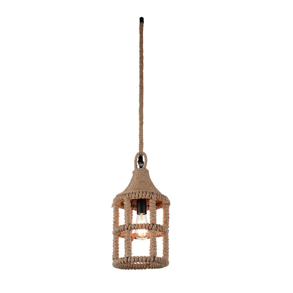 Rustic Padma Black Steel Mini Pendant with Brown Rope Accent