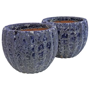 12 in. (30.48 cm) Fluted Lava Finish Ceramic Planter - Dark Blue Distressed Ceramic - (Set of 2)