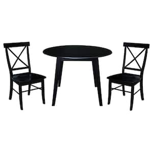 Set of 3-pcs - 42 in. Black Drop-Leaf Solid Wood Table and 2-Side Chairs
