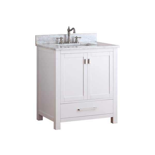 Modero 31 in. Single Sink White Bath Vanity with Carrara White Marble Top