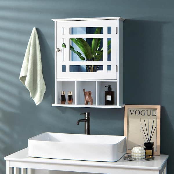 Mirrored Medicine Cabinet Bathroom Wall Mounted Storage W/Adjustable Shelf White