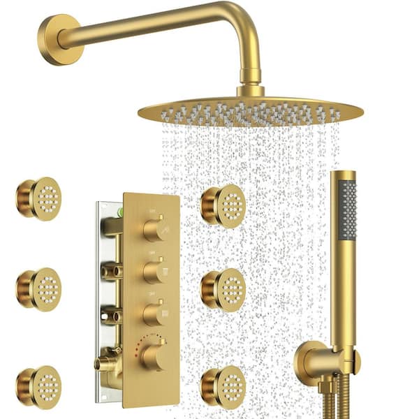 YAWWALK 7-Spray Patterns Thermostatic 12 in. Wall-Mounted Shower Head with 6 Jets in Brushed Gold (Valve Included)