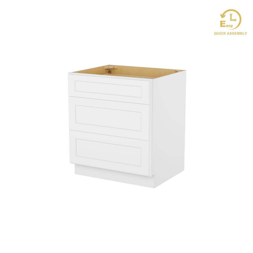 Shaker White Solid Wood 3-Drawer Base Kitchen Cabinet