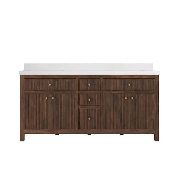 Willow Collections Sonoma Teak 72 in. Double Sink Freestanding Dark Walnut Bath Vanity with White Qt. Top Unassembled