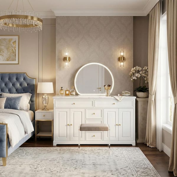 beige color dressing table FUFU&GAGA 2-Piece White Makeup Vanity with Mirror, 3-Color LED Lighting, 5 Drawers, Double Door Cabinets, Interior Shelving ZN-020263-01+8 Sherri Hill Prom and Body Conscious Size:36GG Luxury and Comfort with