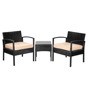 Stationary 3-Piece Wicker Outdoor Bistro Set with Cream Cushions