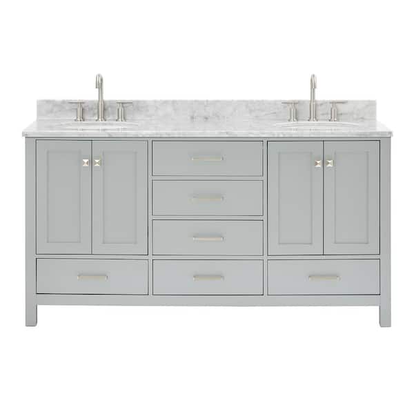 Cambridge 66 in. Double Sink Freestanding Bathroom Vanity in Gray with Carrara White Marble Top