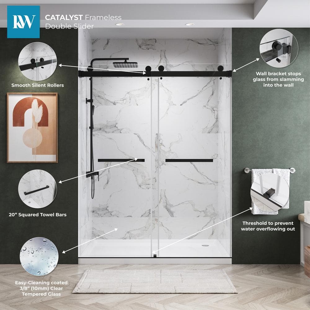 72-Inch Matte Black Frameless Double Sliding Shower Door with Clear Glass