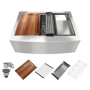 30 in. Farmhouse/Apron-Front Single Bowl 18-Gauge Stainless Steel Kitchen Sink with Cutting Board and Strainer Basket