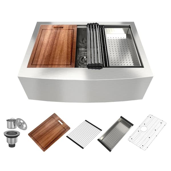 Boyel Living 30 in. Farmhouse/Apron-Front Single Bowl 18-Gauge Stainless Steel Kitchen Sink with Cutting Board and Strainer Basket