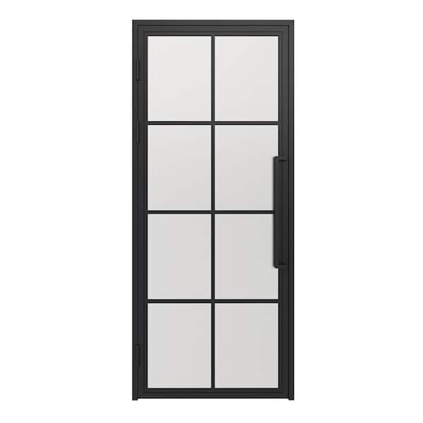 CALHOME 36 in. x 85 in. 8 Lite Frost Glass Black Steel Frame Prehung Interior Door with Door Handle