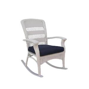 42 in. White Aluminum Outdoor Rocking Chair with Blue Cushion
