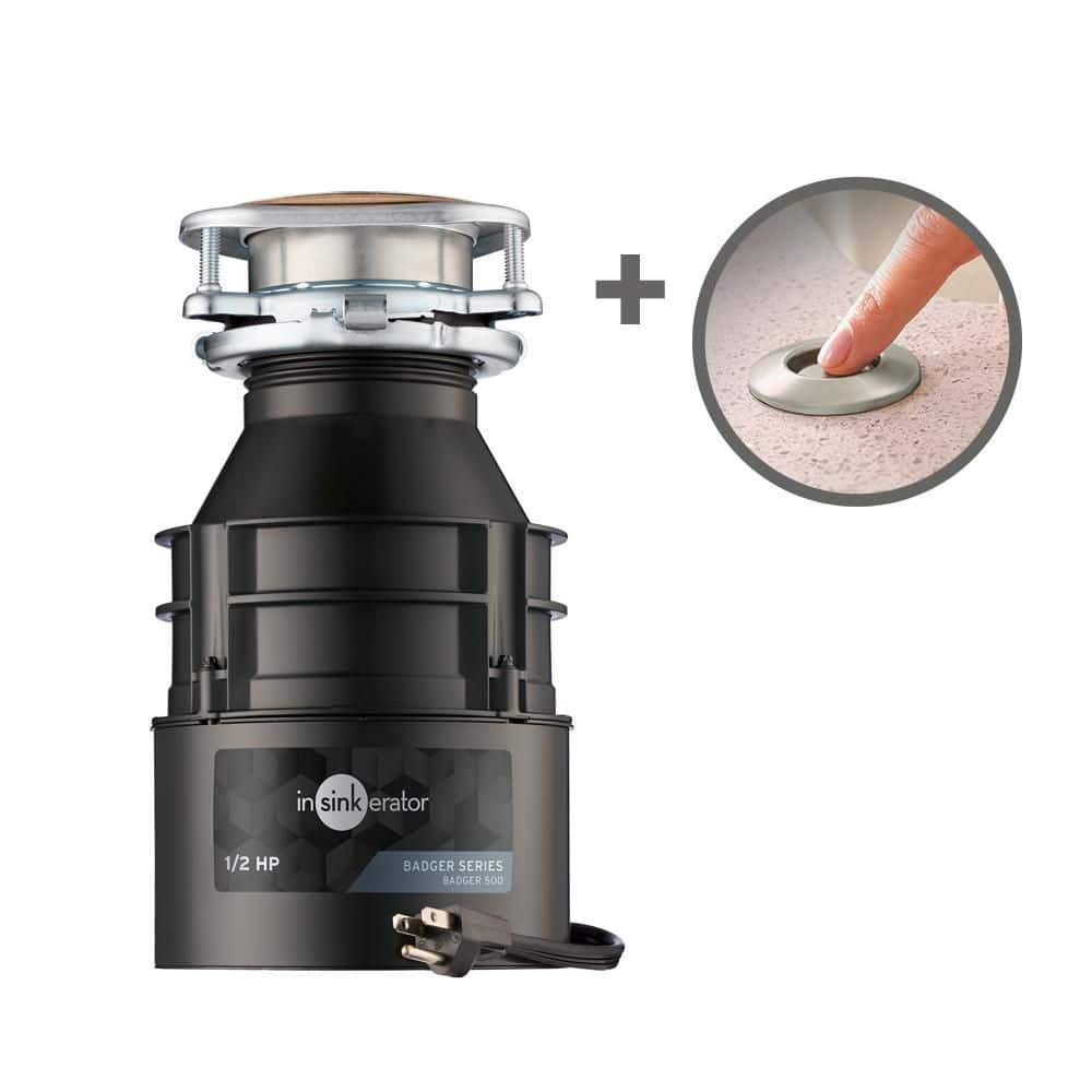Badger 500, 1/2 HP Continuous Feed Kitchen Garbage Disposal w/ Power Cord and Air Switch in Satin Nickel, Badger Series