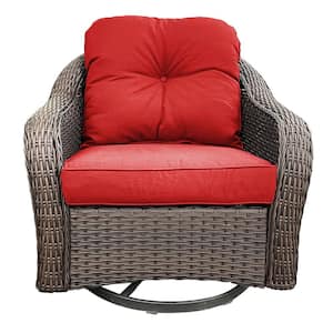 Wicker Patio Swivel Outdoor Rocking Chair Lounge Chair with Red Cushions