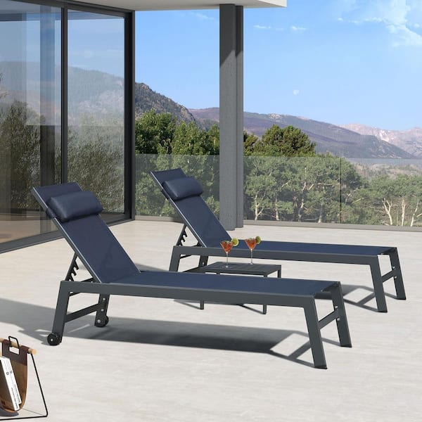 PURPLE LEAF Aluminum Outdoor Lounge Chair Set with Side Table and Pillow for Pool Beach Sunbathing Tanning Recliner, Navy Blue