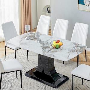 7-Piece Modern Faux Marble Top Dining Table (Set for) 6 with MDF Base, Dining Table and 6 Chairs, White