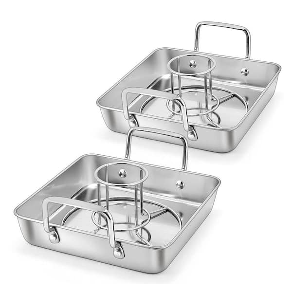 Silver Stainless Steel Roasting Pan with Vertical Chicken Rack for Grilling and Baking, Heavy Duty, 2Pcs