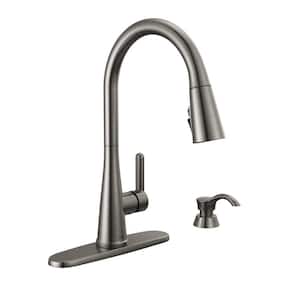 Greydon Single Handle Pull Down Sprayer Kitchen Faucet with ShieldSpray and Soap Dispenser in Black Stainless