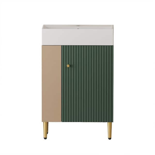 21.6 in. Single Sink Freestanding Green Bath Vanity with White Ceramic Top and Left Side Open Shelf Unassembled