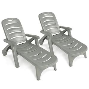 Gray 2-Piece Plastic Folding Outdoor Chaise Lounge Chair 5-Position Adjustable