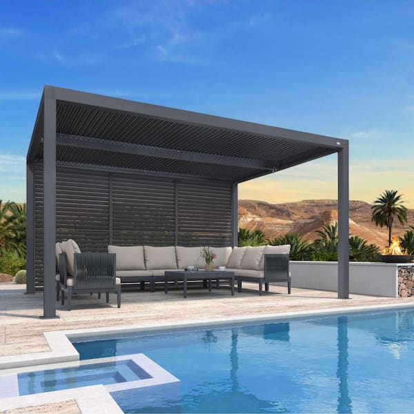 10 ft. x 14 ft. Gray Aluminum Louvered Pergola with 2-Adjustable Sunshade Roofs and 1-Long Side Fixed Shutter Wall