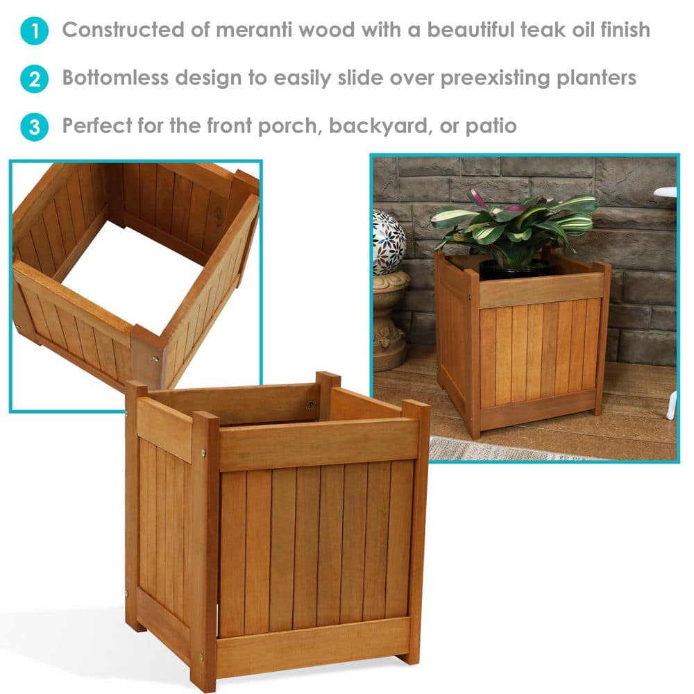 Meranti Wood 16-Inch Square Planter Box with Teak Oil Finish