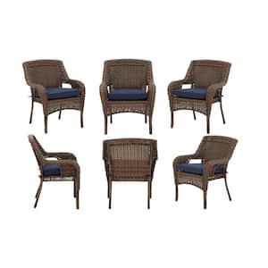 Cambridge Brown Stationary Resin Wicker Outdoor Dining Chairs with Blue Cushions- Chairs (6-Pack)