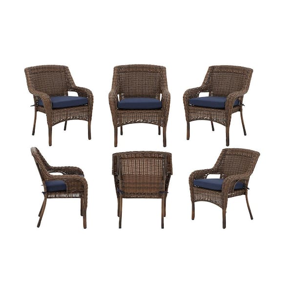 Hampton Bay Cambridge Brown Stationary Resin Wicker Outdoor Dining Chairs with CushionGuard Blue Cushions- Chairs (6-Pack)
