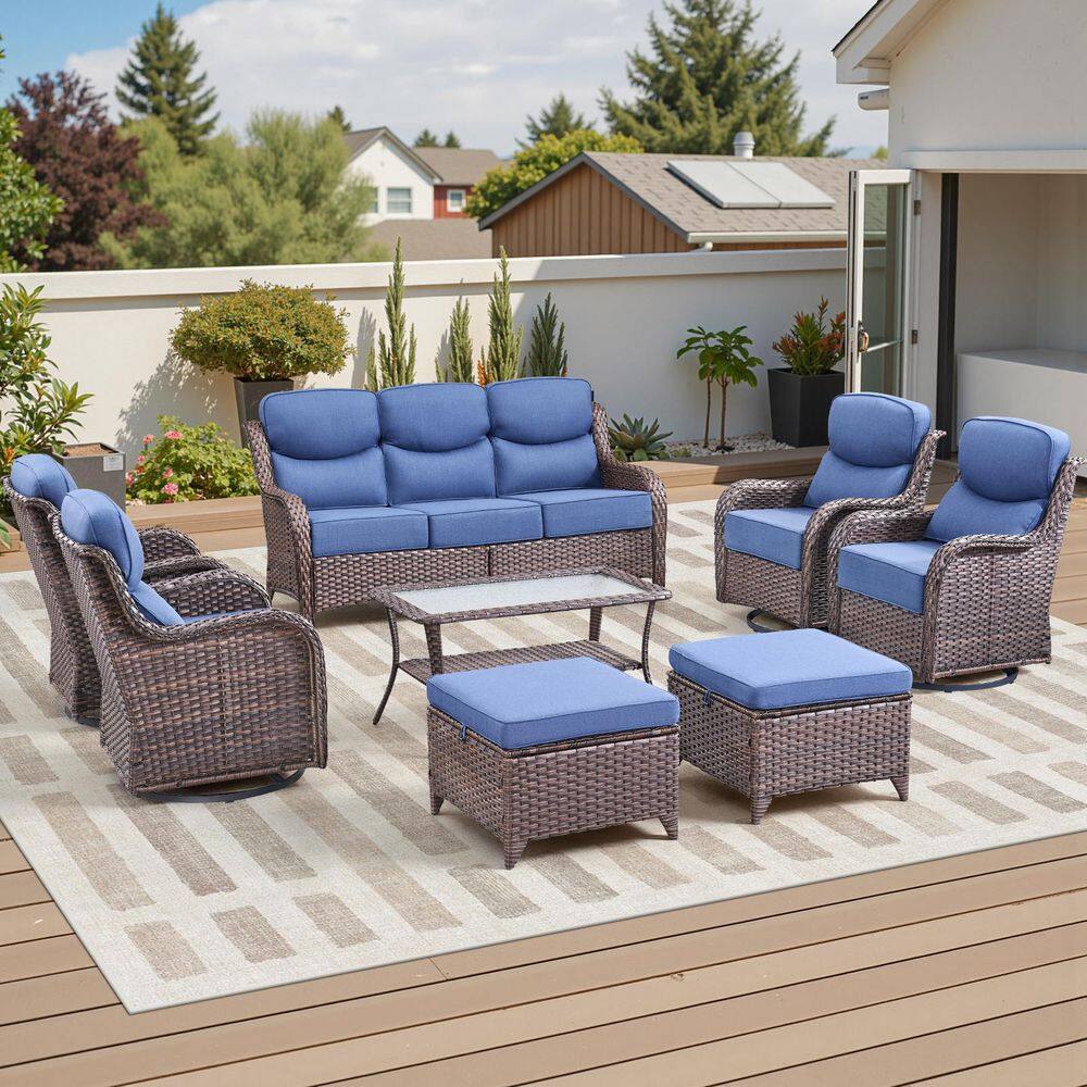 Moonluxe 8-Piece Brown Wicker Patio Conversation Set with Navy Blue Olefin 6 In. Thick Cushion Patio Swivel Chairs price history on PriceWatchPro