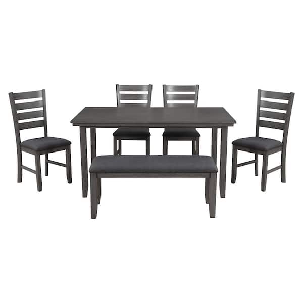 6 Piece Gray Wood Dining Table, Wooden Dining Table Bench And Chairs