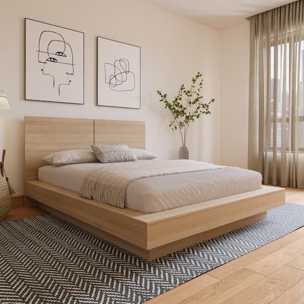 Nexera Napa Beige Oak Frame Queen Size Platform Bed with Headboard ...