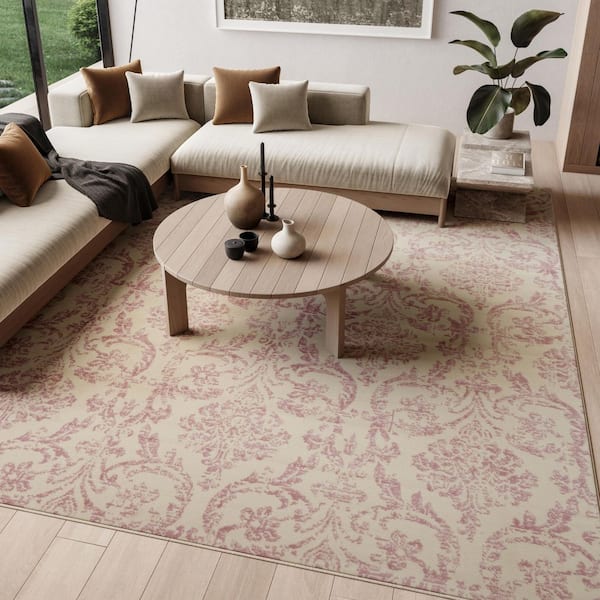 Jubilant Ivory/Pink 9 ft. x 12 ft. Damask Transitional Area Rug