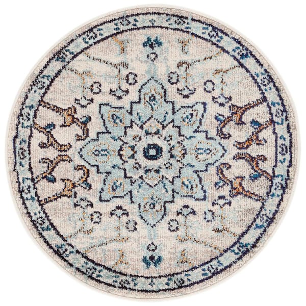 Madison Ivory/Light Blue 5 ft. x 5 ft. Distressed Border Round Area Rug