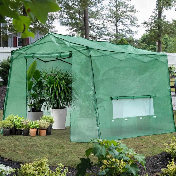 Gardenbee 11 Ft. X 8.5 Ft. Green Pop-Up Walk-in Greenhouse With Roll-Up ...